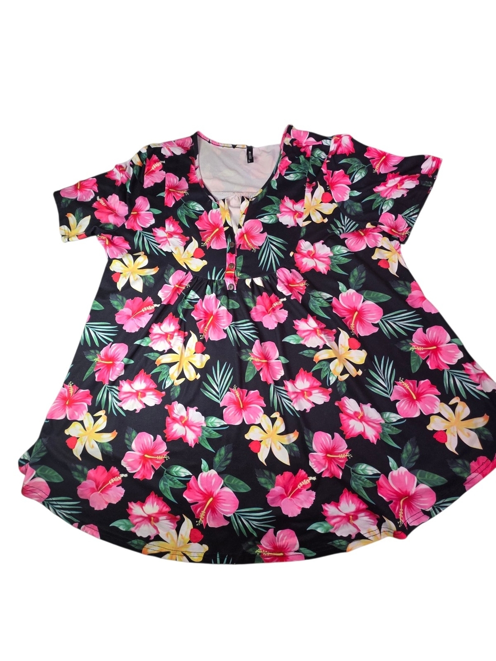 ALLEGRACE Plus Size 2X Tropical Hibiscus Floral Tunic Blouse Henley V-Neck